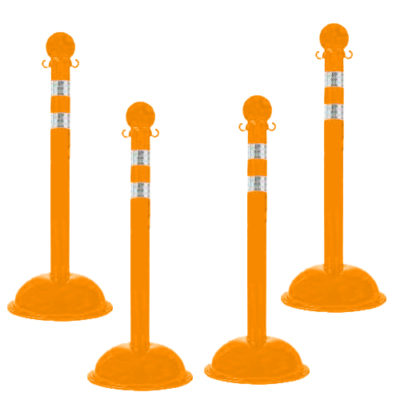 Pack of 4 - 3 Inch Diameter Plastic Crowd Control Stanchions with Reflective DOT Stripes
