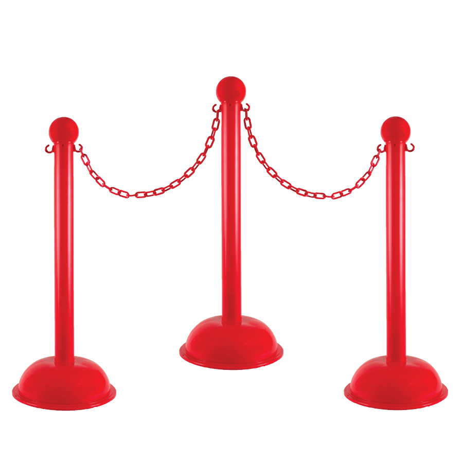 Montour Line Plastic Stanchion White 2.5 Inch Diameter with 50 Foot Chain 6-Pack Crowd Control Barriers 